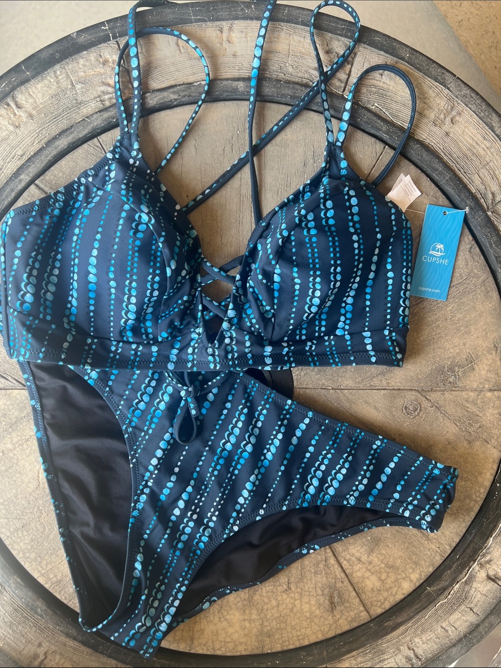 Cupshe Navy & Teal Dot-Stripe Crisscross Bikini Set XL B6